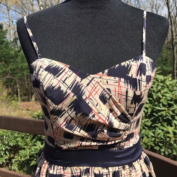 Burlapp Anthropologie Watercolor Abstract Fit+Flare Dress Sleeveless Beige - Picture 4 of 7